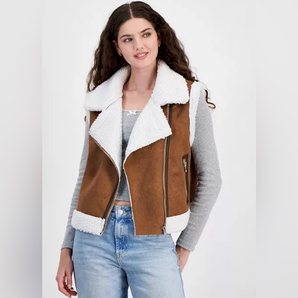 NWT Madden Girl Juniors Faux-Shearling Moto Vest Caramel , size M(7-9)‎